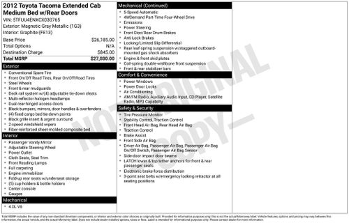 2012 Toyota Tacoma Base V6