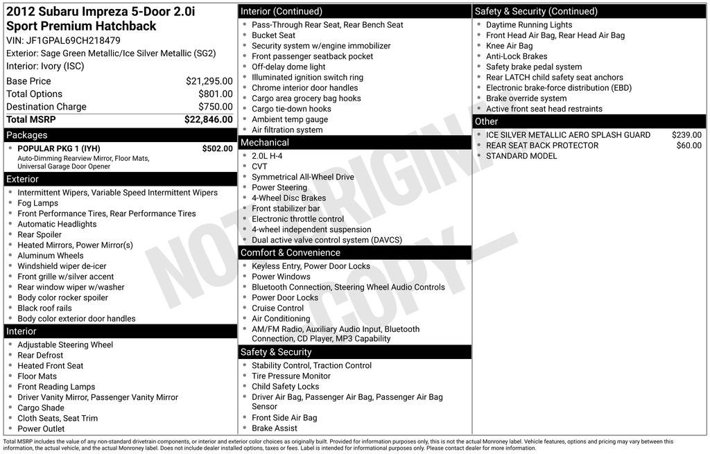 2012 Subaru Impreza 2.0i Sport Premium